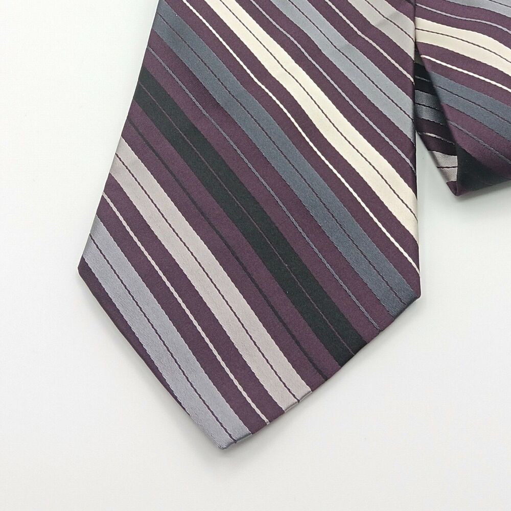Paul Dione Silk Repp Tie Mens 59” Purple Black Silver Stripe Designer Wide New